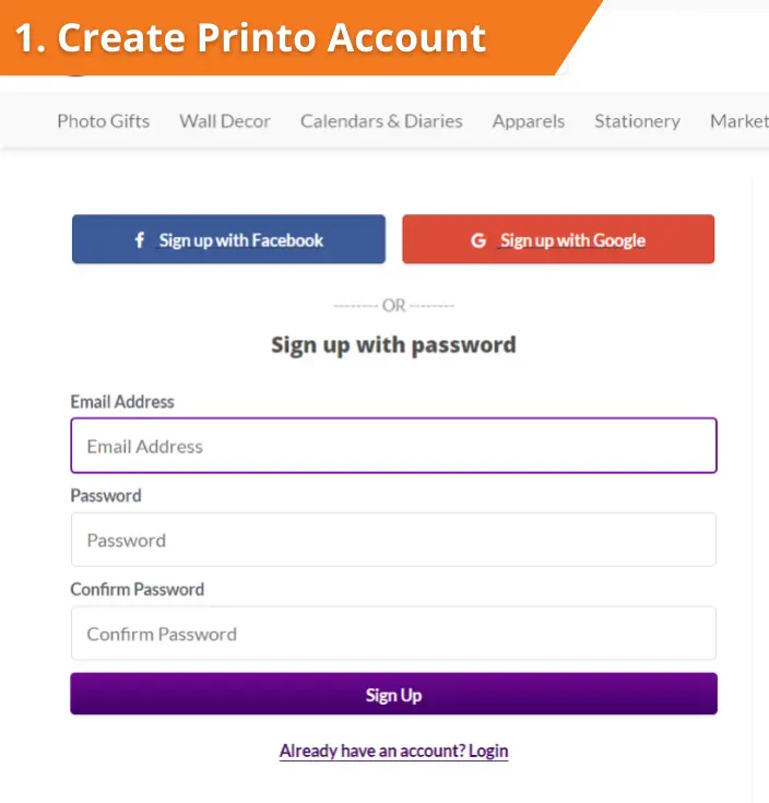 Step 1: Sign up on Printo.in